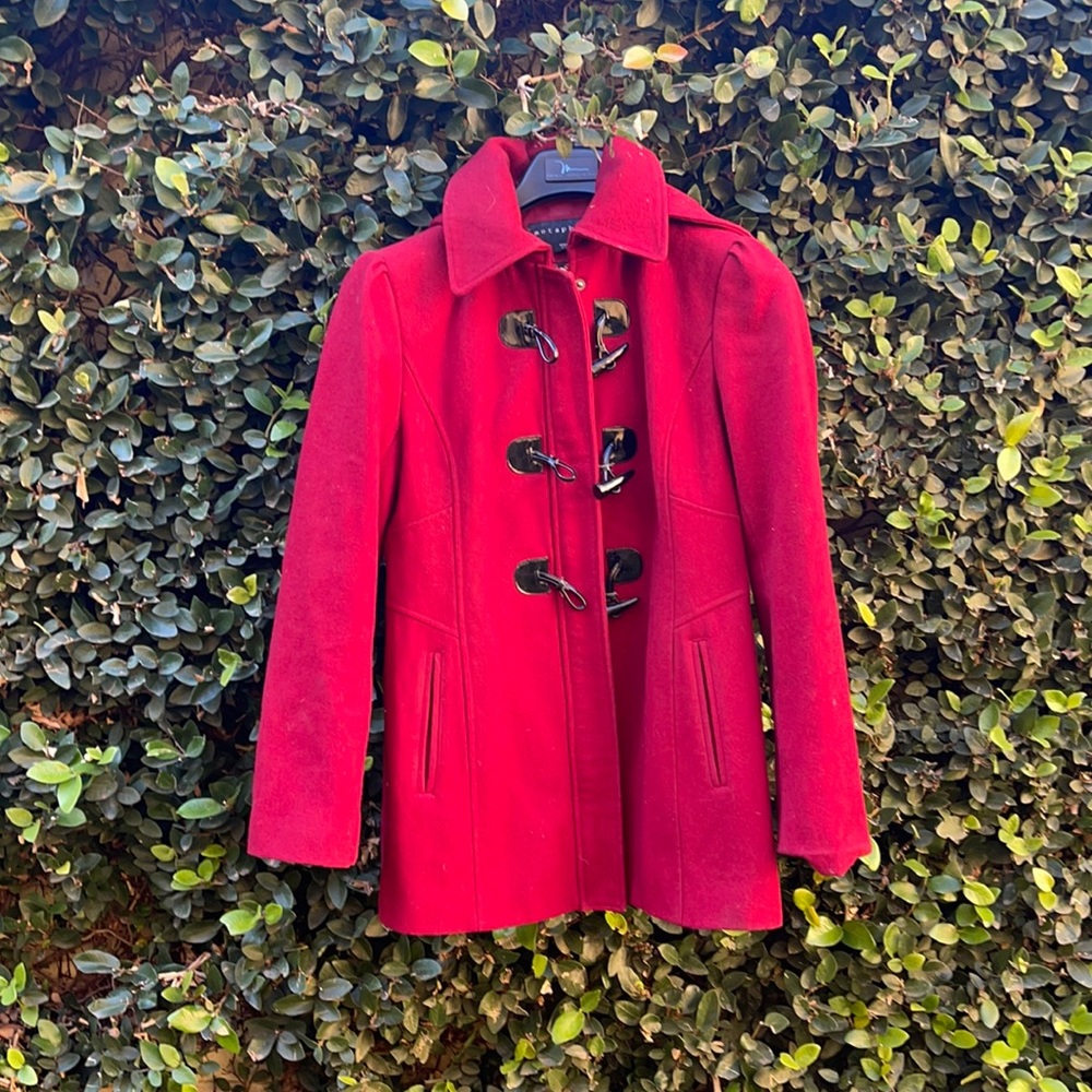 Wool-Blend Dark Red Pea Coat - Small